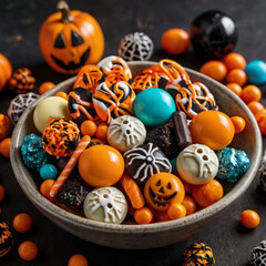 Decorative Candy Bowl for Halloween, filled with spooky and colorful seasonal sweets for a Halloween party