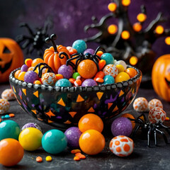 Halloween sweets in a Candy Bowl, Trick or Treat, Decorative bowl with Decorations