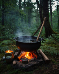 Halloween Witch's Cauldron in the Forest, Potion brewing, eerie forest setting, dark woods, Magical witchcraft potion