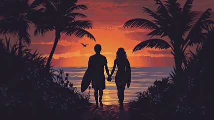 A couple is walking on a beach at sunset