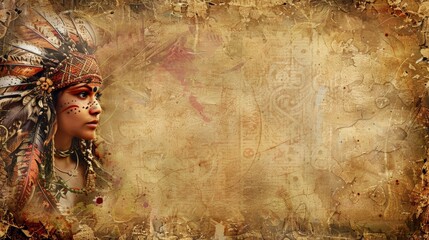 A Native American woman with traditional attire and face paint looks to the side