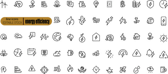 Line icons about energy efficiency and saving. Sustainable development. Thin line icon set. Symbol collection in transparent background. Editable vector stroke. 512x512 Pixel Perfect