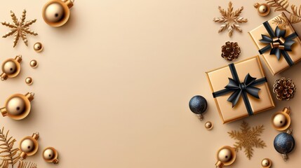 Fototapeta premium Golden Merry Christmas and Happy New Year banner with realistic and festive elements