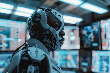 Fototapeta premium Cyborg Man in a Futuristic Workplace.