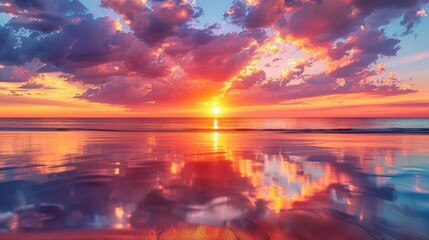 A breathtaking sunset over the ocean, casting vibrant hues of orange, pink, and purple across the sky, reflecting on the calm waters.