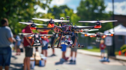 A drone technology demonstration with multiple drones performing coordinated tasks, such as surveying and delivering packages, highlighting the versatility and efficiency of drones in various