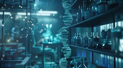 A biotechnology research facility with scientists working on advanced medical treatments, using digital tools to analyze biological data and develop innovative therapies, showcasing the synergy