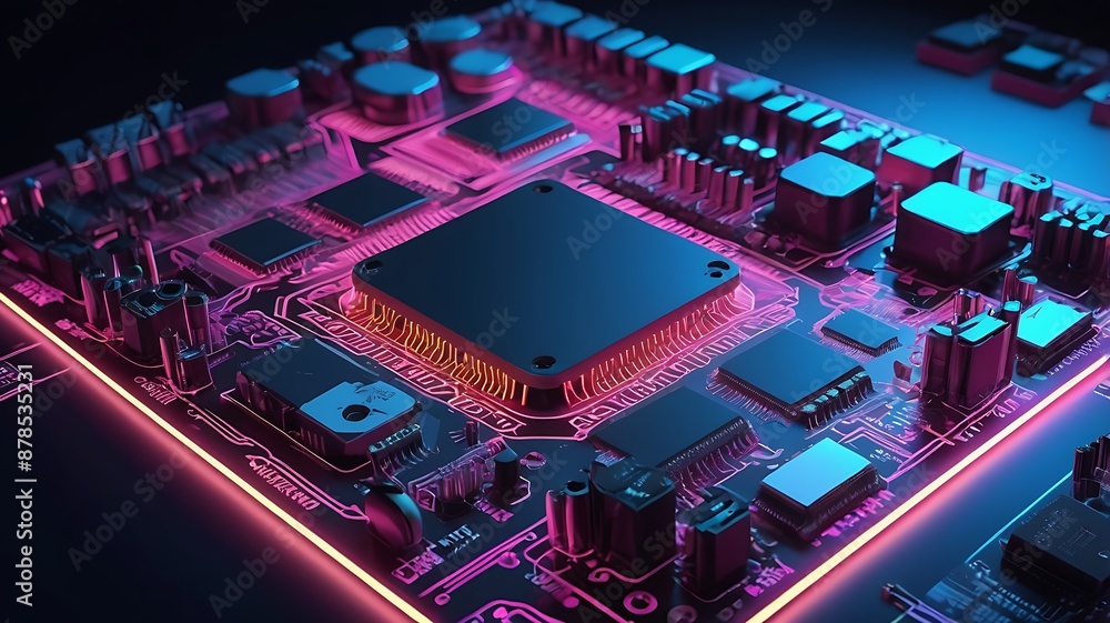 Poster circuit board. technology background. central computer processor cpu. digital motherboard chip, ligh