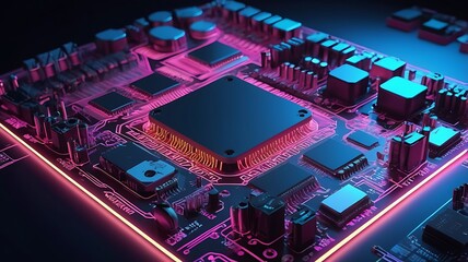 Obraz premium Circuit board. Technology background. Central Computer Processor CPU. Digital motherboard chip, lights on
