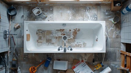 Renovation of a bathroom with a bathtub and construction tools