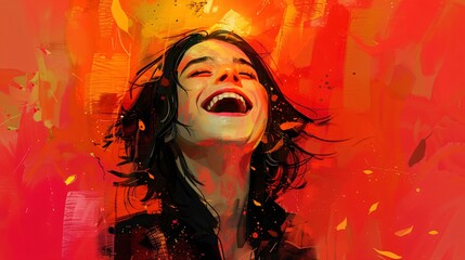 Playful abstract depiction of a young woman laughing surrounded by whimsical fragmented shapes and vibrant hues