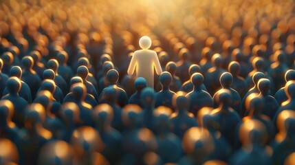 Conceptual illustration of leadership and individuality, with a unique figure standing out among a crowd, 3D rendered.