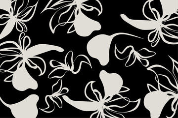 Modern black and whit Floral pattern textile. Hand drawn simple abstract flowers black and white tone. Trendy collage pattern