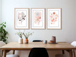 Obraz premium Modern dining room with wooden table, minimalist decor, and framed botanical art on the wall.
