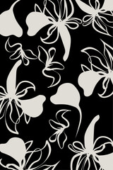 A Hand drawn simple abstract flowers black and white tone. Trendy collage pattern. Modern black and whit Floral pattern textiles