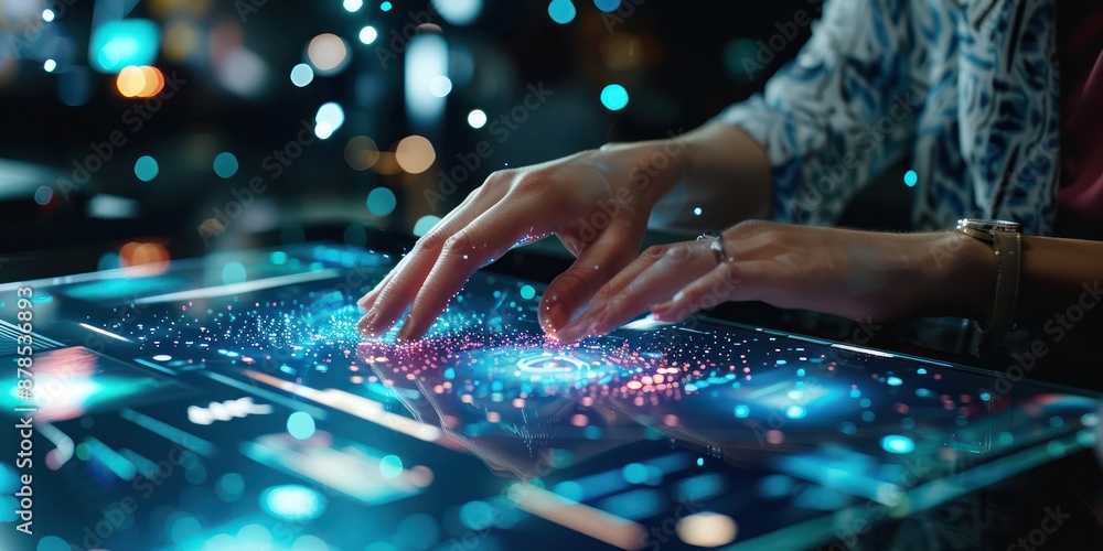 Poster person using a digital tablet with holographic data displays.