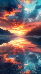 Fototapeta premium Fiery Sunset Reflected in Mountain Lake.