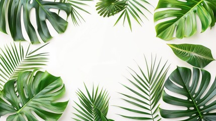 Tropical palm leaf pattern on white background with space for text