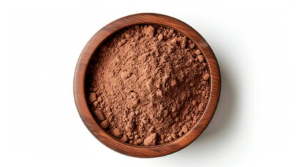 Cocoa powder in a wooden bowl on a white background