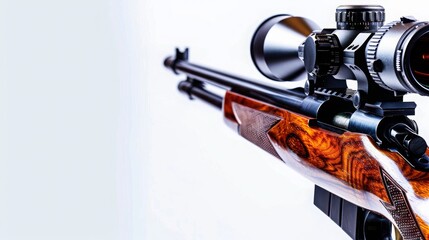 Rifle Telescope Detail: Close-Up Banner for Sport Hunting - Optics Scope Isolated on White Background with Space for Text