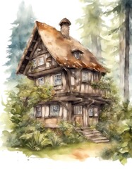 wooden roof fern nature white ferns mushrooms thickets illustration scrapbooking house greenery forest olated postcards half mushroom background snail aesthetic timbered watercolor decor wild hand