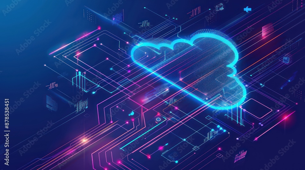 Poster cloud technology infographic showing data flow and storage.
