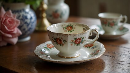 Fototapeta premium , Vintage charm in a mismatched tea set, where each piece tells a story of elegance and nostalgia ai_generated