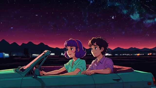 Lofi couple enjoy a date at a drive-in movie theater, watching an animated 80s-style film under the stars while sitting in a vintage car, 4K 2D Japanese anime Cyan purple colors manga style wallpaper