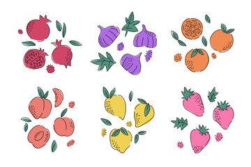 Set of different fruits . Collection of organic vitamins and healthy nutrition. pomegranate, lemon,strawberry,orange,fig,appricot peach
