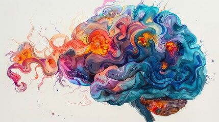 Brain bursting with creativity, psychedelic, vibrant colors, watercolor, surreal and abstract elements