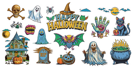 A vibrant and detailed retro style vector set featuring a variety of Halloween-themed illustrations, including a skull and crossbones, ghosts, a haunted house and a "Happy Halloween" banner.