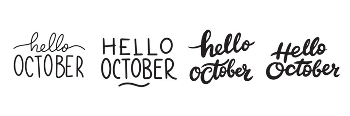 Collection of Hello October text lettering. Hand drawn vector art.