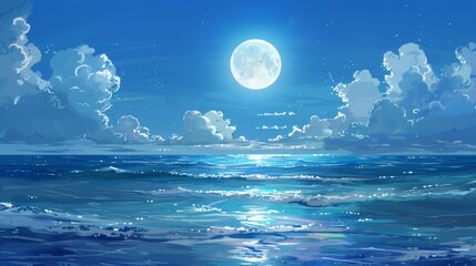 White full moon in the sea all night. Clouds. Blue sea