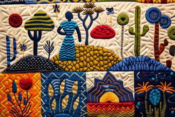 Textile artwork showcasing a Namibian landscape with colorful hills, trees, plants, and a woman in traditional attire