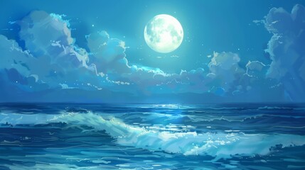White full moon in the sea all night. Clouds. Blue sea