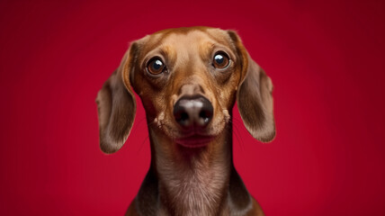 Close-up Portrait of a Dachshund on Red Background