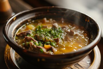 Steaming Bowl of Hearty Beef Soup.