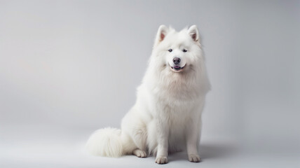 Samoyed Dog Sitting Gracefully on White Background