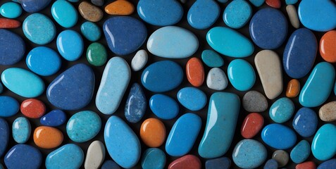 Vibrant Collection of Polished Stones: A Colorful Mosaic of Blue, Orange, Red, and Grey