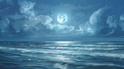 Fototapeta premium White full moon in the sea all night. Clouds. Blue sea