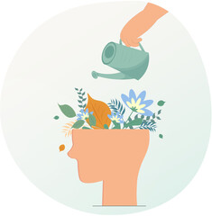 Human head with flowers, mental health support concept, emotional comfort, World Mental Health Day, positive thinking, flat vector illustration