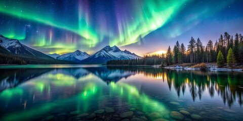 Aurora Borealis Reflecting in a Still Lake, Mountains and Forest Silhouettes, Night Sky, Green Lights, Water Reflection, Landscape, Nature, Photography, Canada