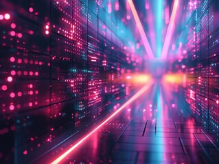 Obraz premium High-tech digital background featuring geometric grids, neon lights, and data streams, perfect for technological workflow presentations 