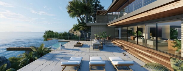 Fototapeta premium Modern family home with a spacious backyard, play area, and stylish facade