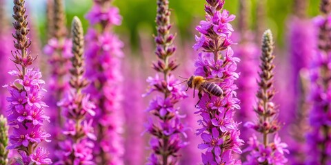 Fototapeta premium Bee on Purple Loosestrife, Close-up Shot with Shallow Depth of Field, Macro Photography of a Bee Collecting Pollen, flower, nature, bees , loosestrife , macro , pollen