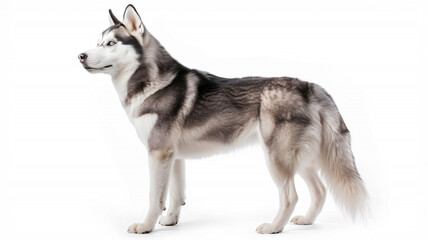 Poised Siberian Husky with Striking Blue Eyes on White Background
