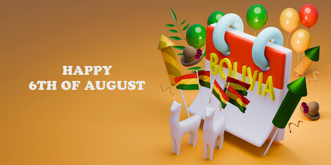 Bolivia Independence Day greeting card template.  3d render.