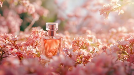 Perfume bottle in flowers, fragrance on blooming