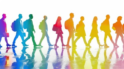 people of all rainbow colors walking together, business mindset,