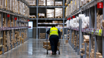 Asian warehouse worker checking stock at warehouse logistic distribution center, Asian manager wearing safety vests working shipment in warehouse, Working in storage distribution center.